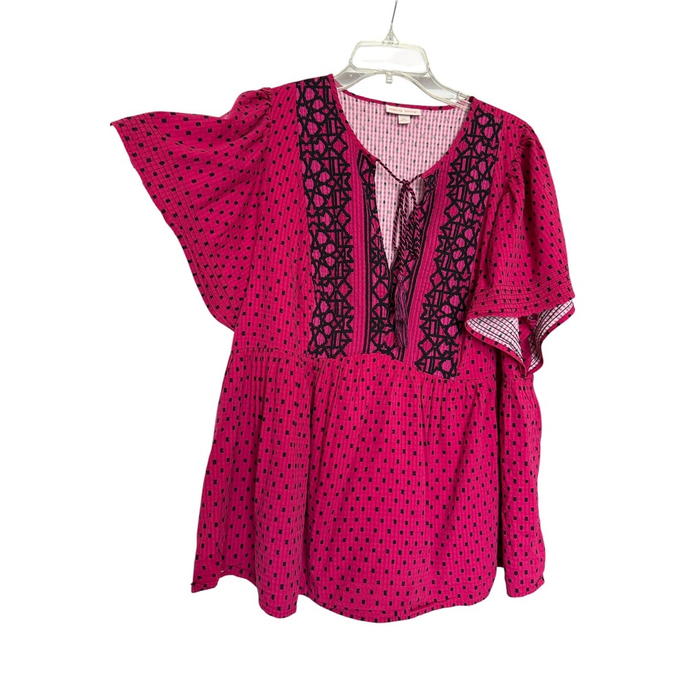 Knox Rose Magenta Pink Boho Embroidered Tassel Babydoll Blouse XXL Womens Top